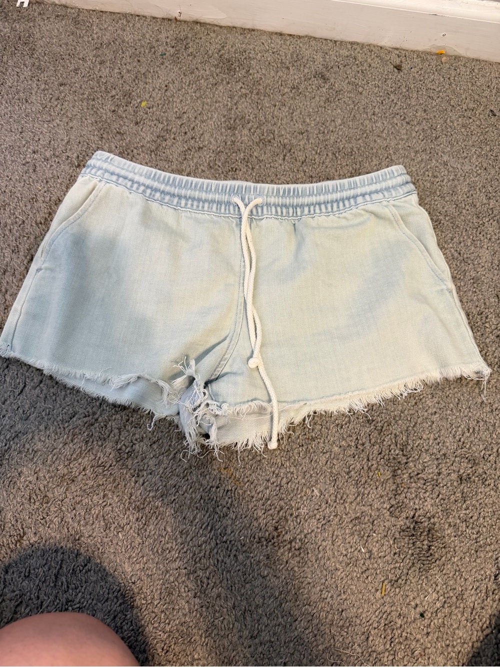aerie Light Blue Frayed Hem Drawstring Jean Shorts